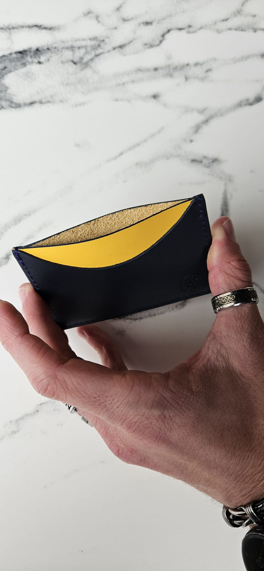 Blue and yellow leather card holder 